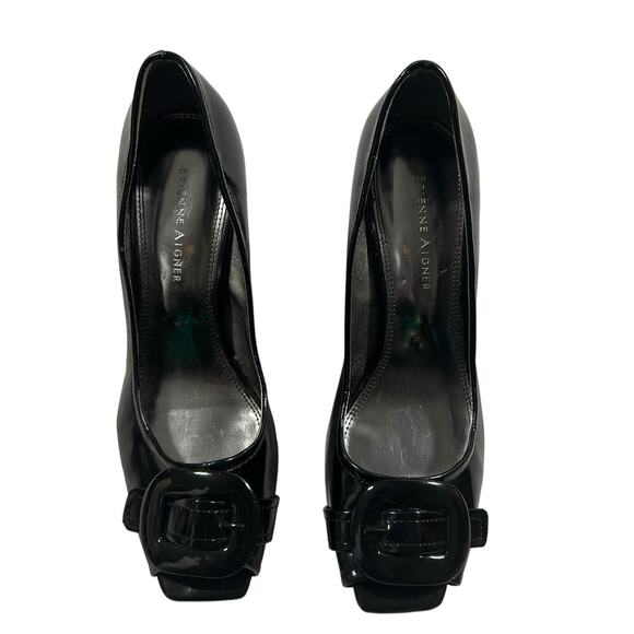 Etienne Aigner Shoes - Etienne Aigner Black Patent Peep Toe Buckle Block Heel Pumps 7.5
